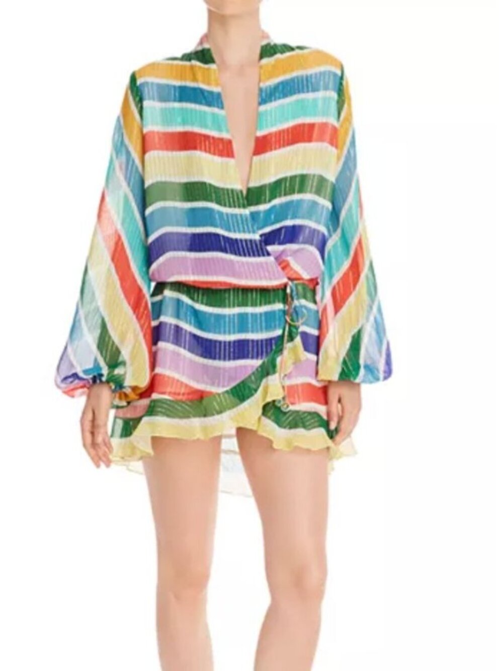 Rococo Sand Multicolor Striped V-Neck Ruffle Mini Dress